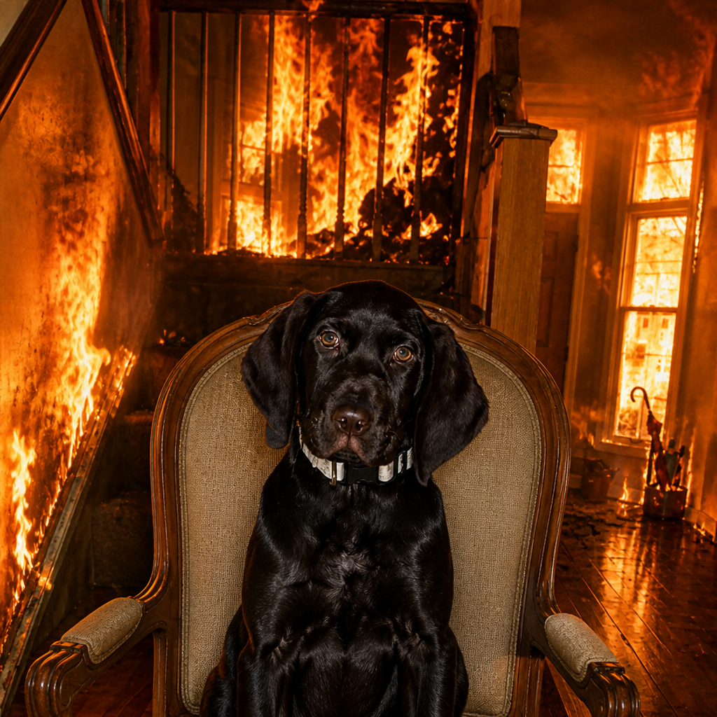 Hazel sitting calmly as the room burns